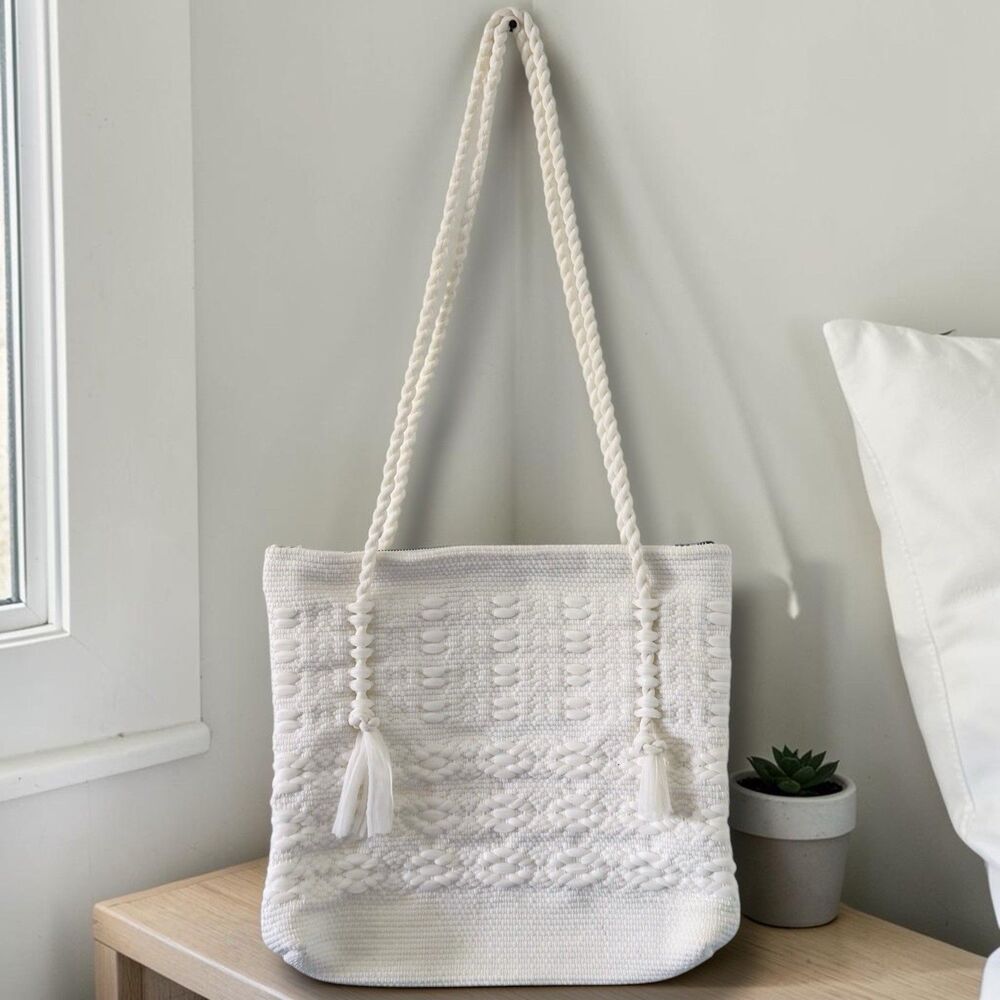 Vintage Woven Artisan Boho Geometric Cream Ivory Handbag Purse Tote Bag Handbag